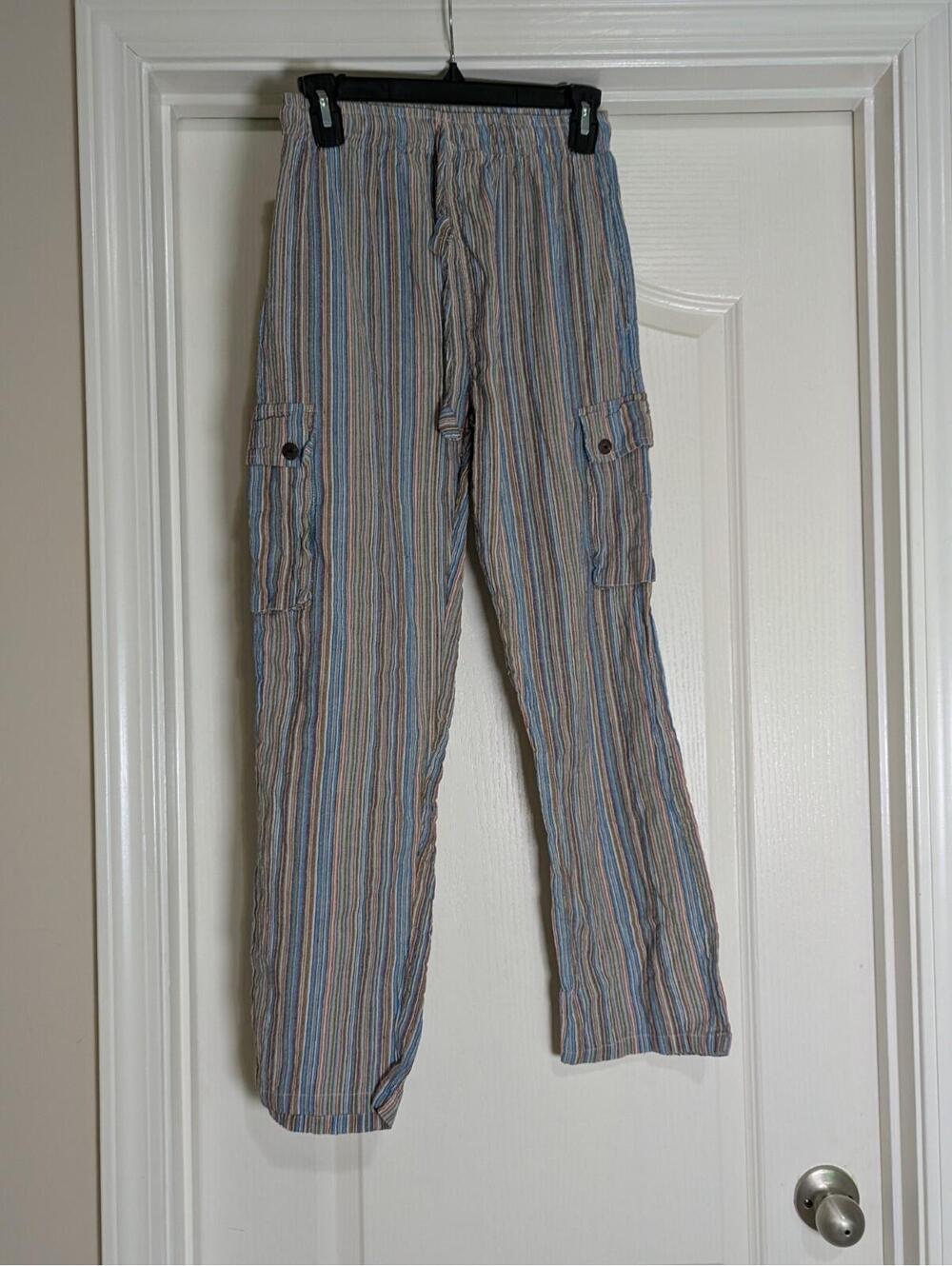 Women's 100% cotton PullOn Striped Pants Blue Cargo Tagged Medium Best For Small